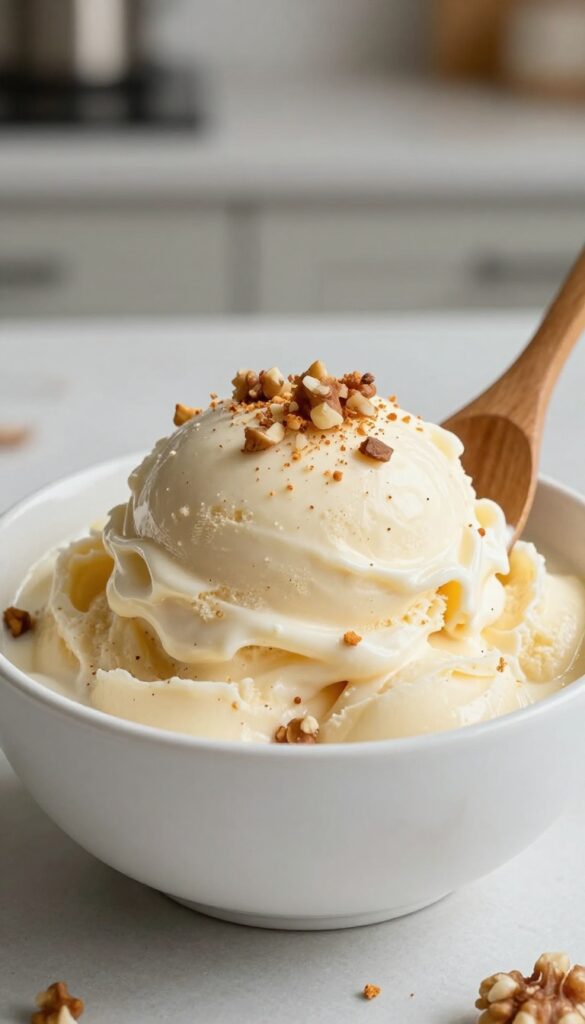 A bowl of banana coconut nice cream with cinnamon, toasted coconut, and walnuts, served fresh and creamy, representing a clean Whole30 dessert option.