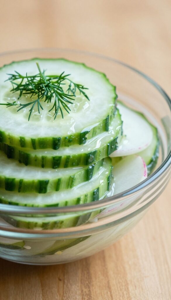 Close-up side view of radish cucumber salad in a glass bowl with dill.