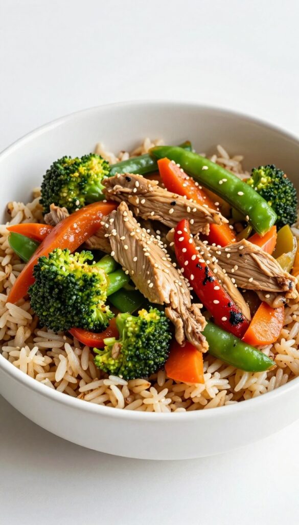 A close-up view of a low-cholesterol turkey and veggie stir-fry with brown rice, featuring lean ground turkey and fresh vegetables in a bright, natural setting.