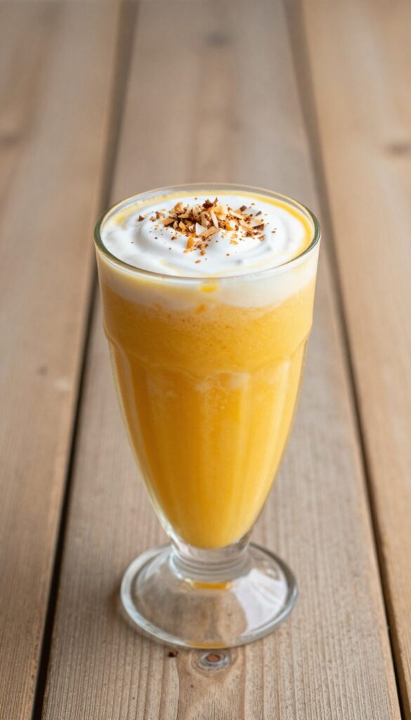A creamy mango coconut smoothie in a glass on a wooden table, garnished with toasted coconut flakes and nutmeg, in bright natural light.