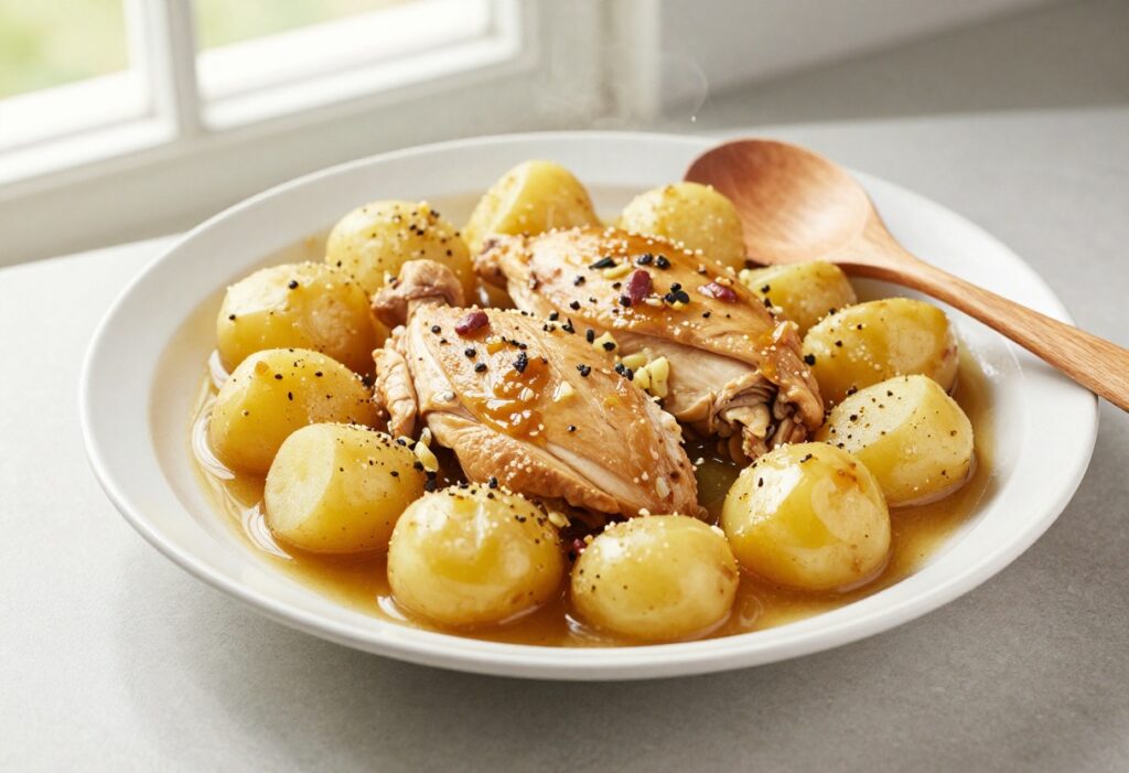 A close-up of an Instant Pot meal with garlic butter chicken and potatoes, representing easy, time-saving dinner recipes in a bright, clean kitchen setting.