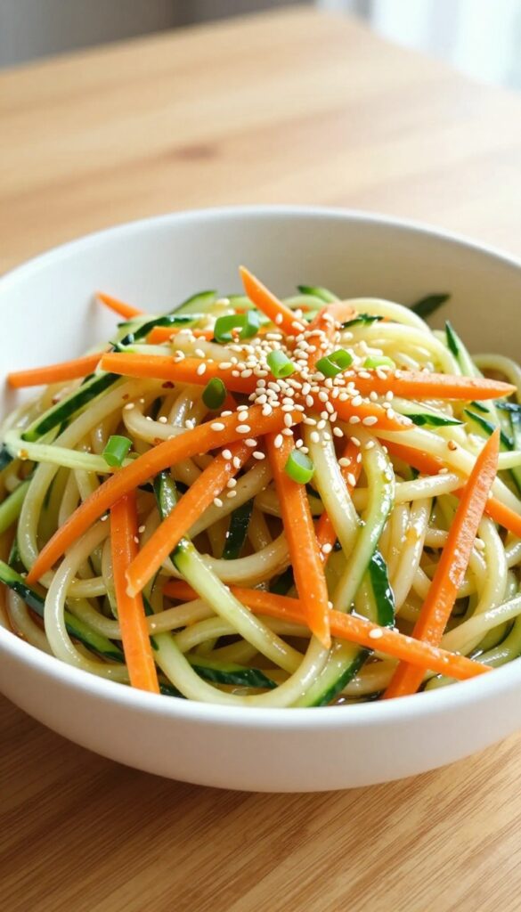 Sesame ginger cucumber noodle salad in a white bowl on a wooden table