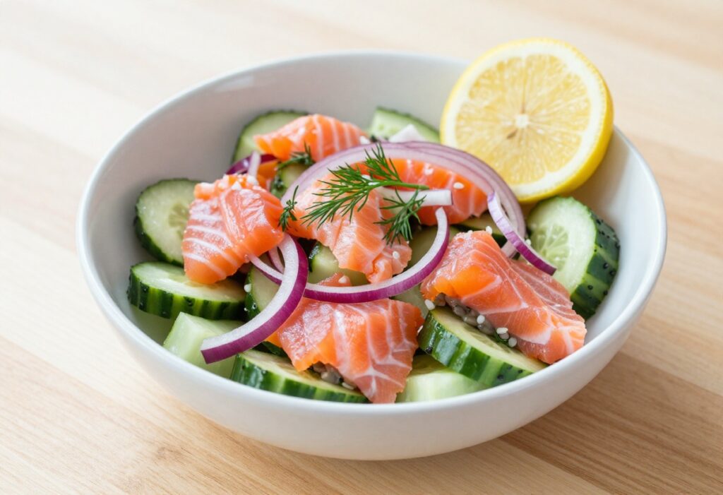 Fresh salmon cucumber salad with dill and lemon in a white bowl on a wooden table