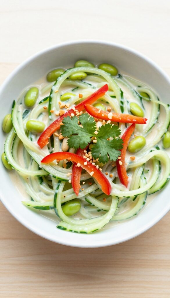 Bowl of cucumber noodle salad with peanut sauce and edamame