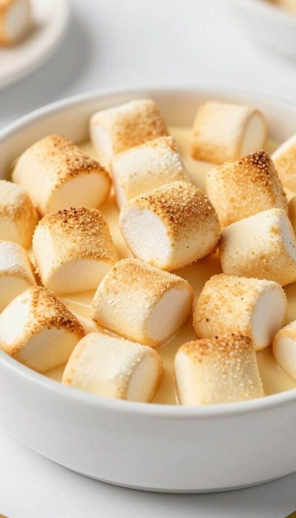 A bowl of toasted marshmallow cheesecake dip with golden-brown toasted mini marshmallows on top, showcasing a creamy and fluffy dessert in natural light.