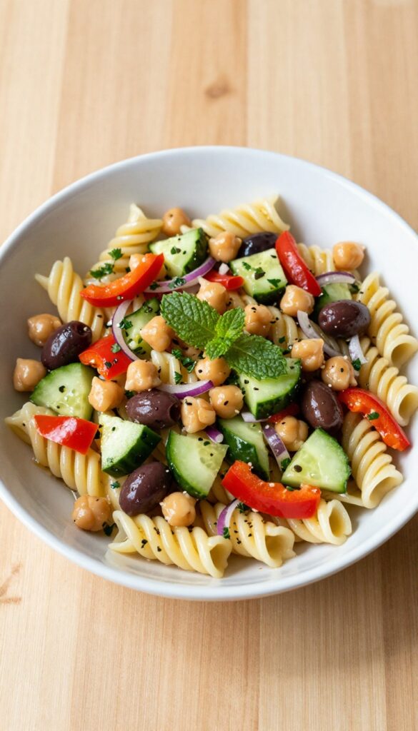 Mediterranean chickpea pasta salad in a white bowl on a wooden table