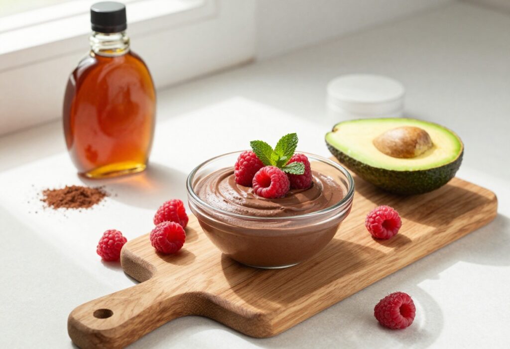 Chocolate avocado mousse in a glass bowl with fresh raspberries and mint on a wooden board