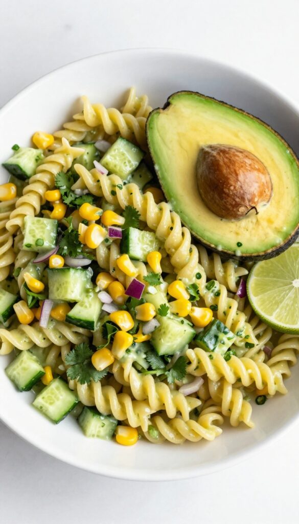 Smoky chipotle cucumber pasta salad with avocado in a bowl
