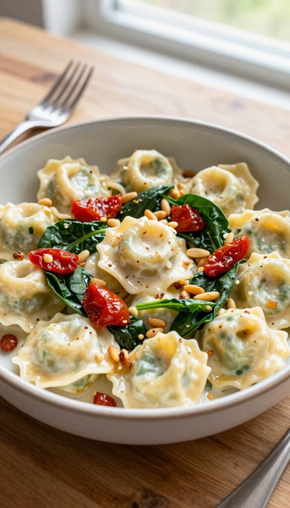 Creamy sun-dried tomato and spinach tortellini salad in a bowl with pine nuts