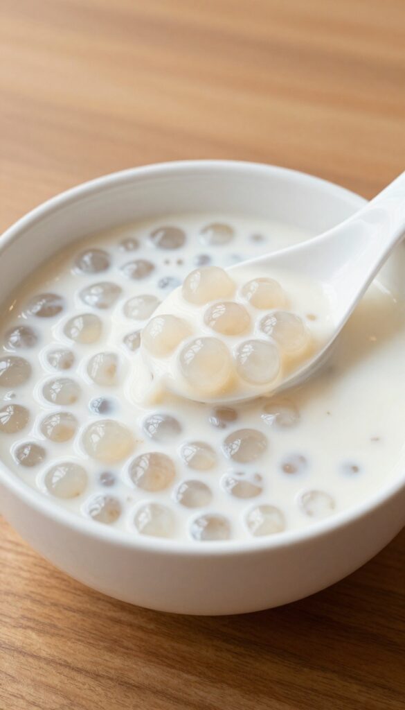 A bowl of creamy coconut milk tapioca pudding with translucent pearls, served in a white ceramic bowl on a wooden table, showcasing a simple and satisfying dessert.