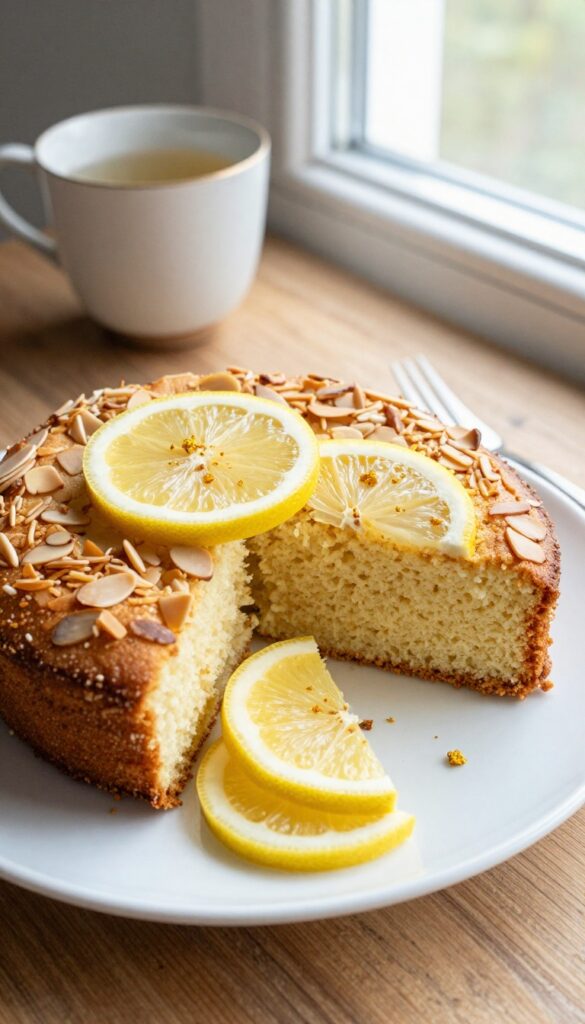A slice of almond flour lemon cake with lemon garnish, showcasing a light and moist texture in natural light