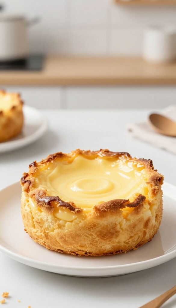 A close-up view of bread pudding with vanilla milk custard, showcasing its golden-brown crust and creamy interior, in a simple baking dish on a kitchen counter