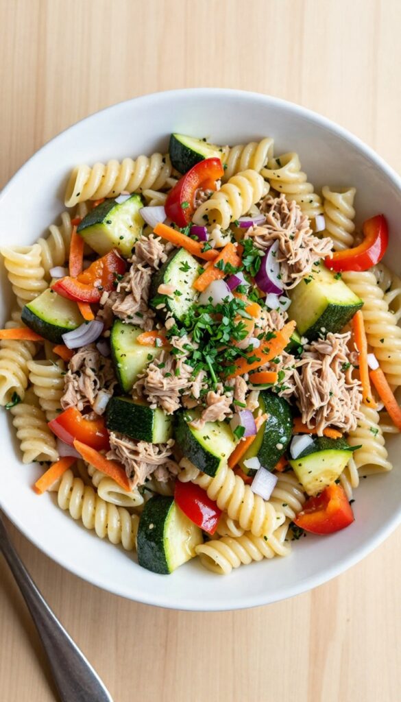 Bright garden vegetable tuna pasta salad with colorful veggies and herbs in a white bowl.