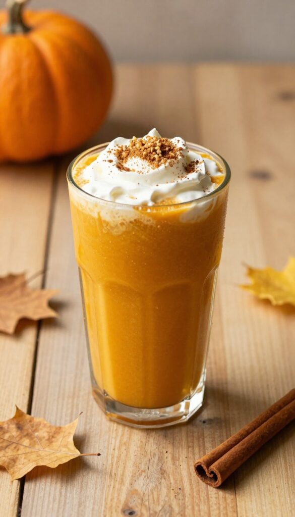 A glass of spiced pumpkin pie smoothie with whipped cream and nutmeg topping, set in an autumn-themed scene with natural lighting.