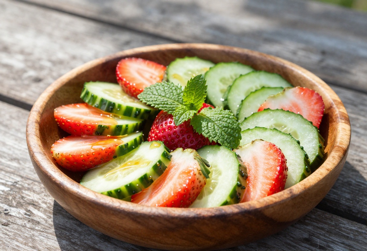 Cool strawberry and mint cucumber salad in a wooden bowl on a picnic table