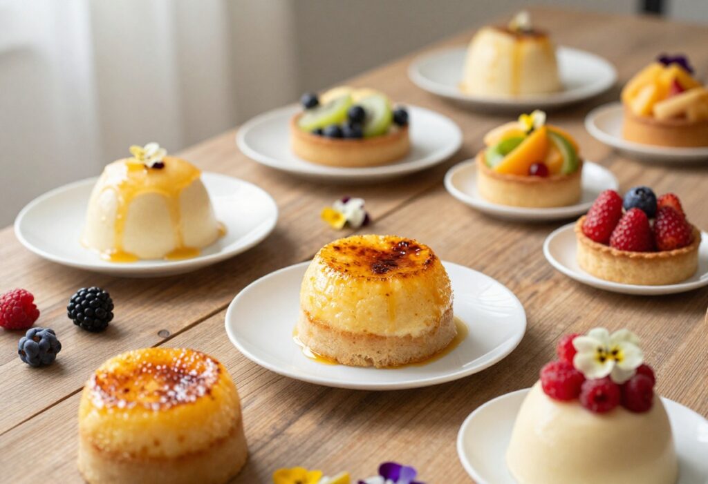 A visually appealing arrangement of French desserts like crème brûlée and fruit tarts on a wooden table, representing easy yet fancy recipes in a bright, natural setting.