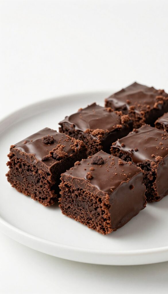 A slice of no-bake chocolate biscuit cake with crushed biscuits in a glossy chocolate mixture, served on a white plate.