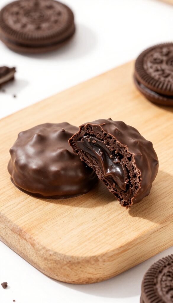 Three chocolate-covered Oreo truffles on a wooden board, one cut in half showing creamy filling, with Oreo crumbs and whole cookies in background.