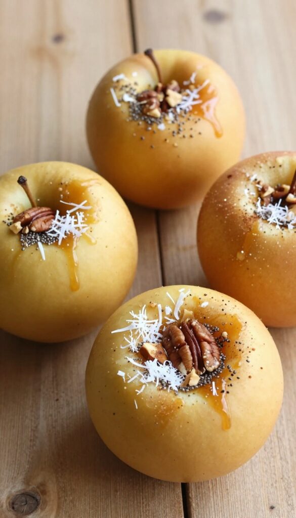 Four cinnamon baked apple bowls with coconut and nut filling, arranged on a wooden table, showcasing a Whole30 dessert recipe in natural light.