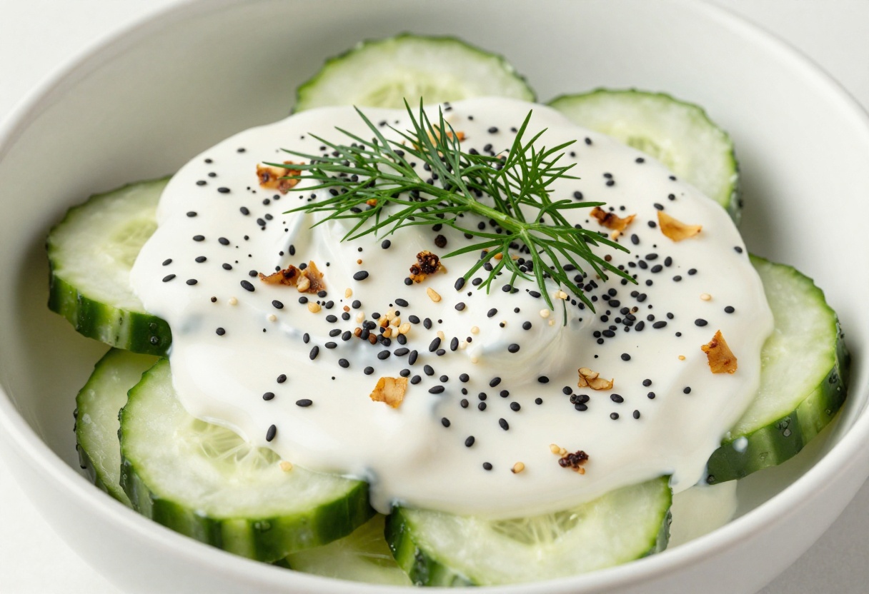 Creamy everything bagel cucumber salad in a white bowl, topped with everything bagel seasoning and fresh dill.