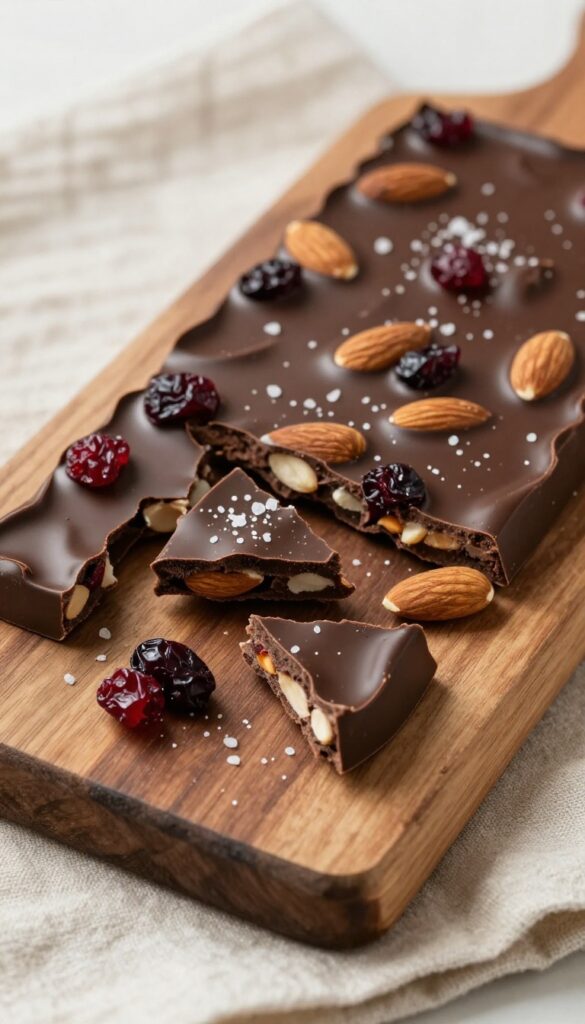 Dark chocolate almond bark with almonds and cranberries on a wooden board