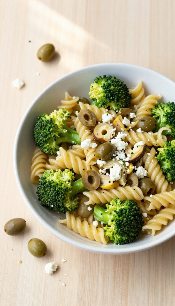 Mediterranean broccoli pasta salad with olives and artichokes in a white bowl on a wooden table.