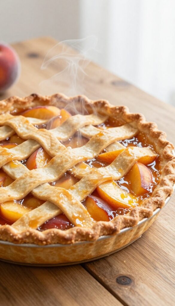A whole peach pie with a flaky crust and lattice top, showcasing juicy peach filling, on a wooden table in natural light.