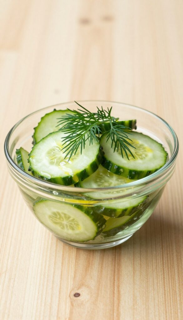 A close-up view of a simple cucumber salad with apple cider vinegar dressing, showcasing crisp cucumber slices and fresh dill in a glass bowl, ideal for meal prep and summer freshness.