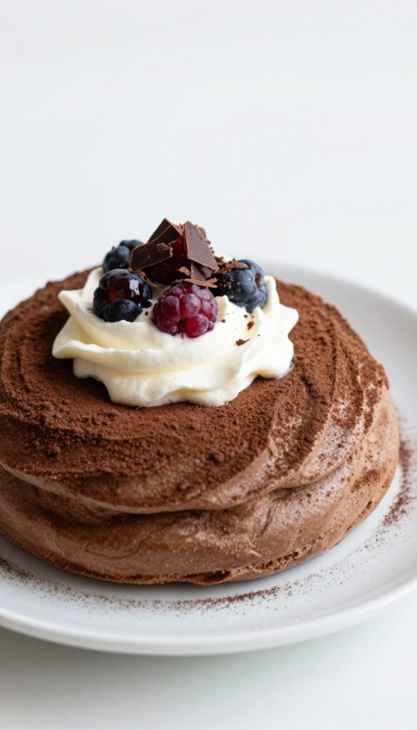 A chocolate pavlova mini nest with whipped cream, berries, and shaved chocolate, showcasing a light and elegant dessert for gatherings.