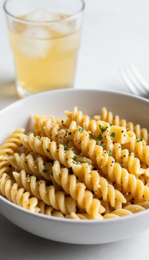 Pasta salad with Italian dressing and Salad Supreme seasoning served in a bowl with iced tea