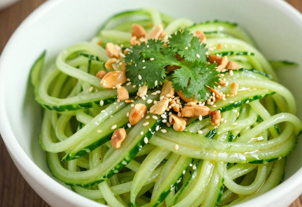Bowl of cucumber noodle salad with peanuts and cilantro