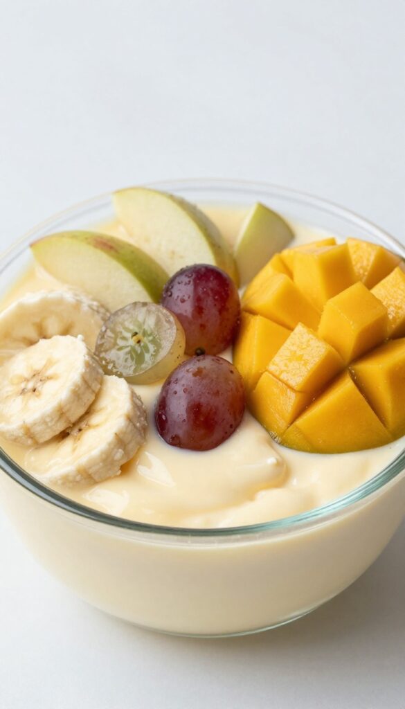 A bowl of fruit custard with milk, showcasing chopped apple, banana, grapes, and mango in a creamy base, perfect for a family dessert recipe.
