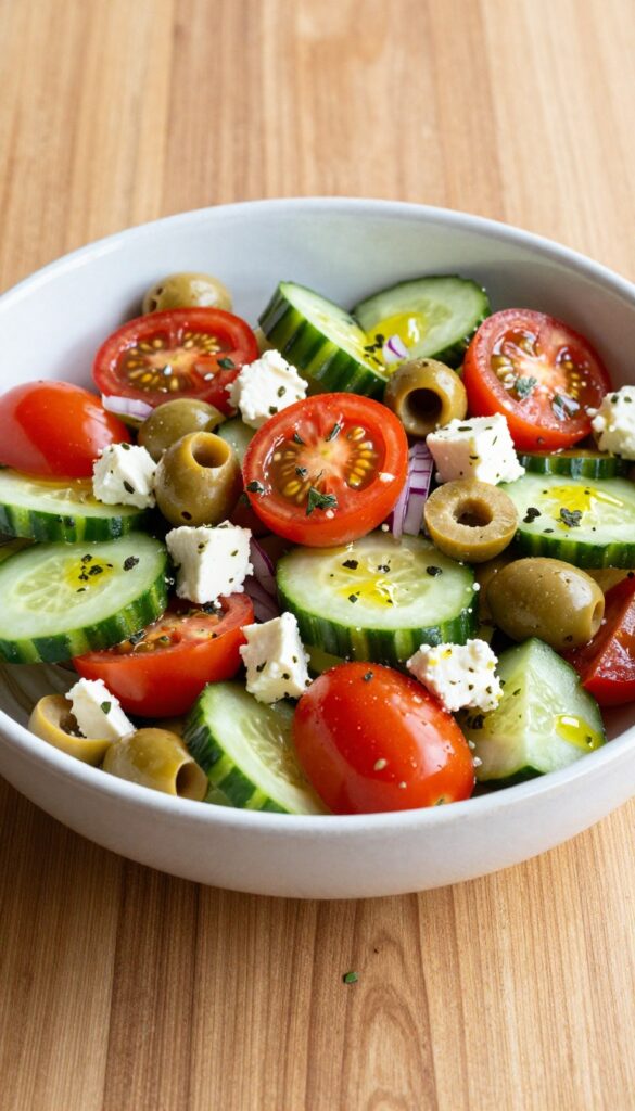 A bowl of Mediterranean cucumber and tomato salad with feta and olives on a sunlit table, showcasing fresh ingredients and vibrant colors.