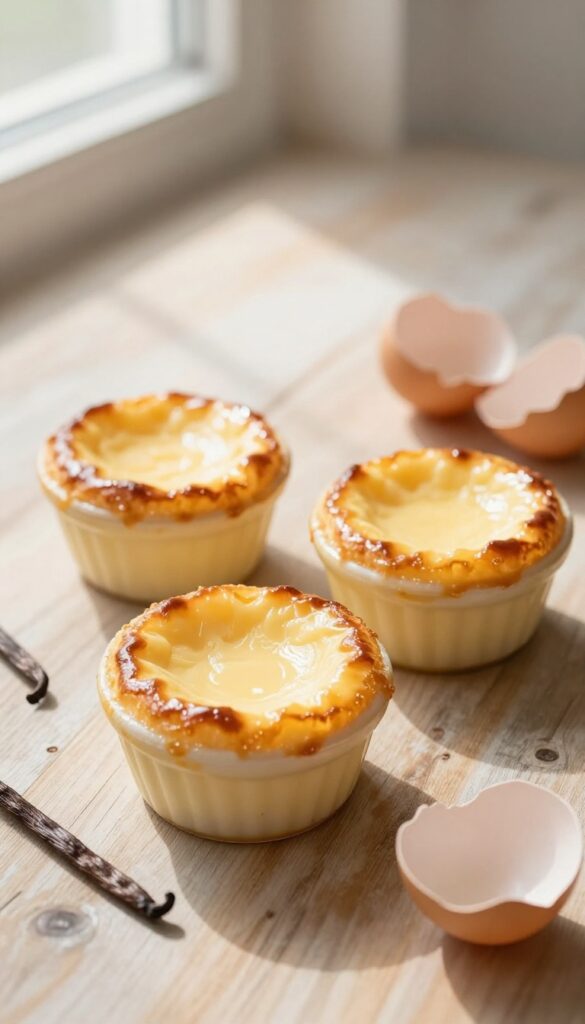Two ramekins of creamy egg custard on a wooden table with eggshells and vanilla bean.