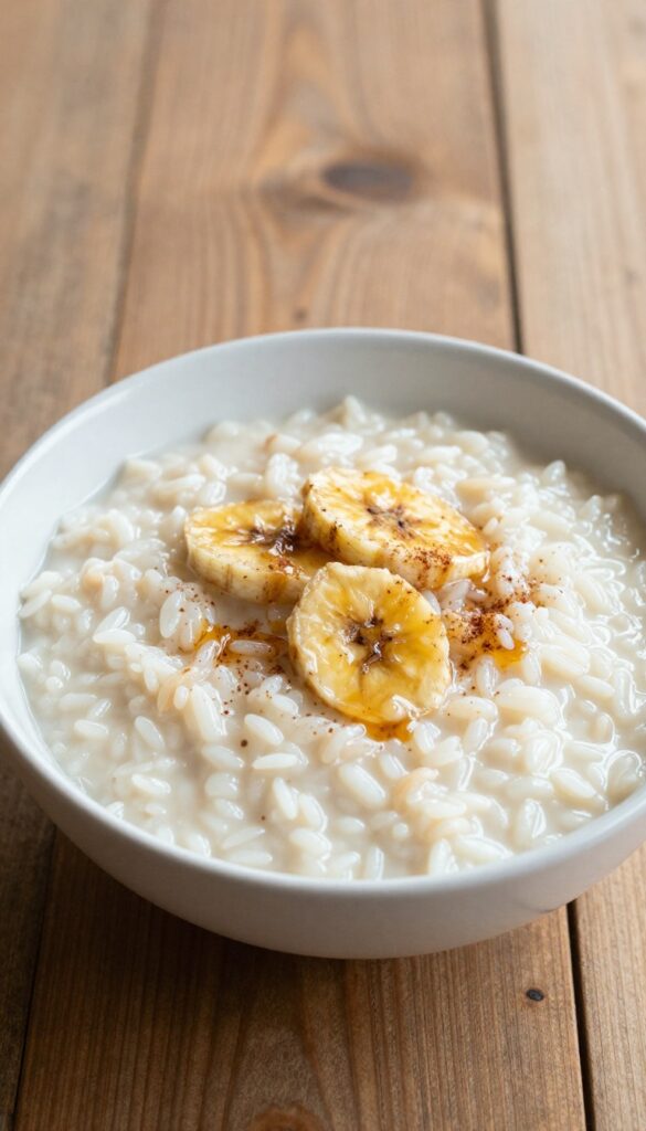 A bowl of creamy coconut rice pudding with cinnamon and caramelized bananas, served on a wooden table in natural light.