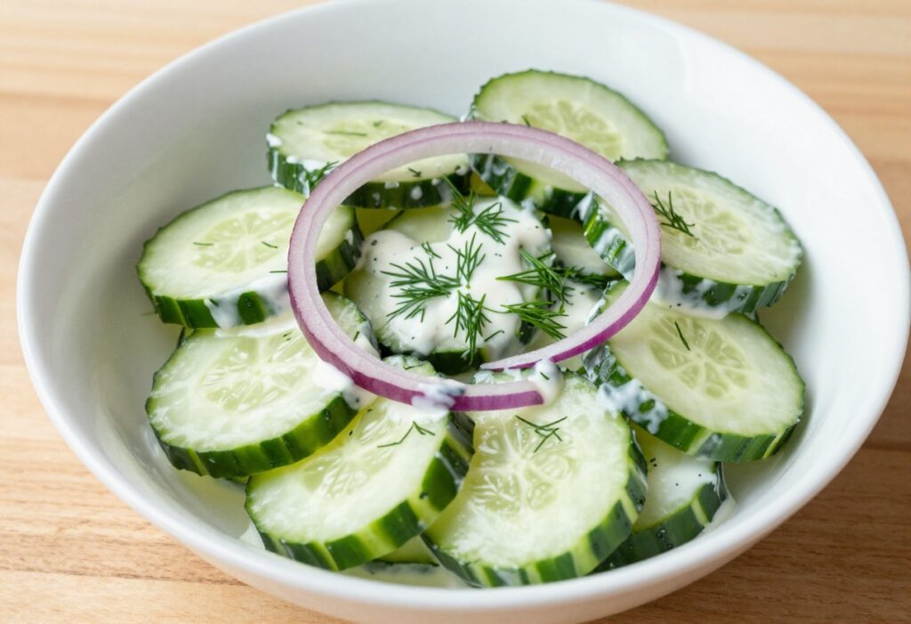 Tangy sour cream cucumber salad with fresh dill in a white bowl