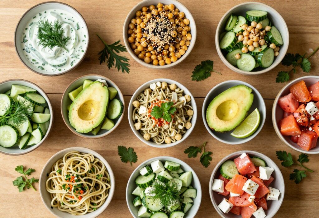 Eight bowls of various cucumber salad variations arranged on a wooden table, showcasing different colors and ingredients.