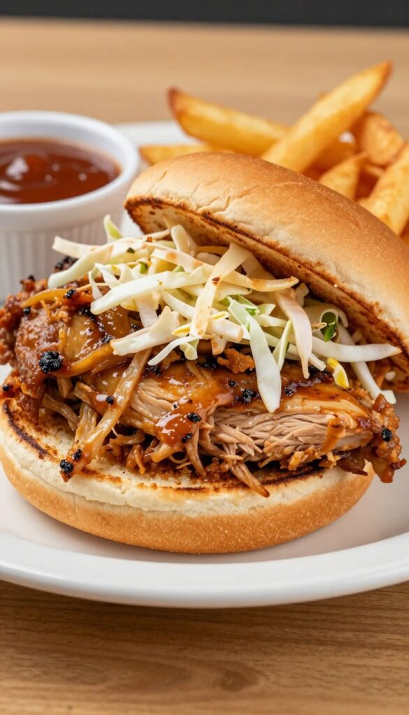 BBQ pulled chicken sandwich with coleslaw on a toasted bun, served with fries and BBQ sauce