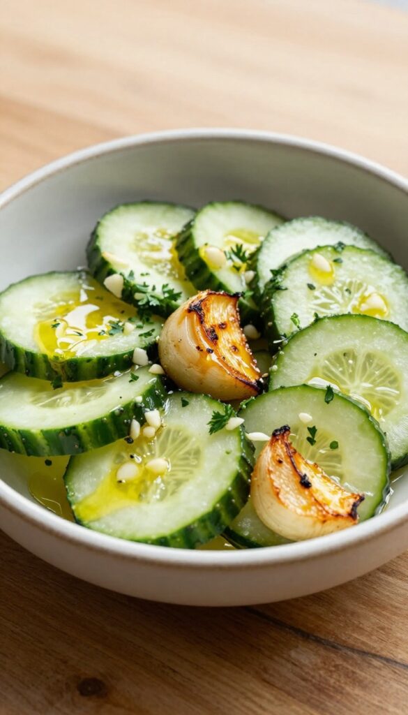 A close-up of a warm roasted garlic and cucumber salad in a ceramic bowl, showcasing crisp cucumber slices and golden roasted garlic in a savory dressing, with fresh parsley garnish, under natural light.