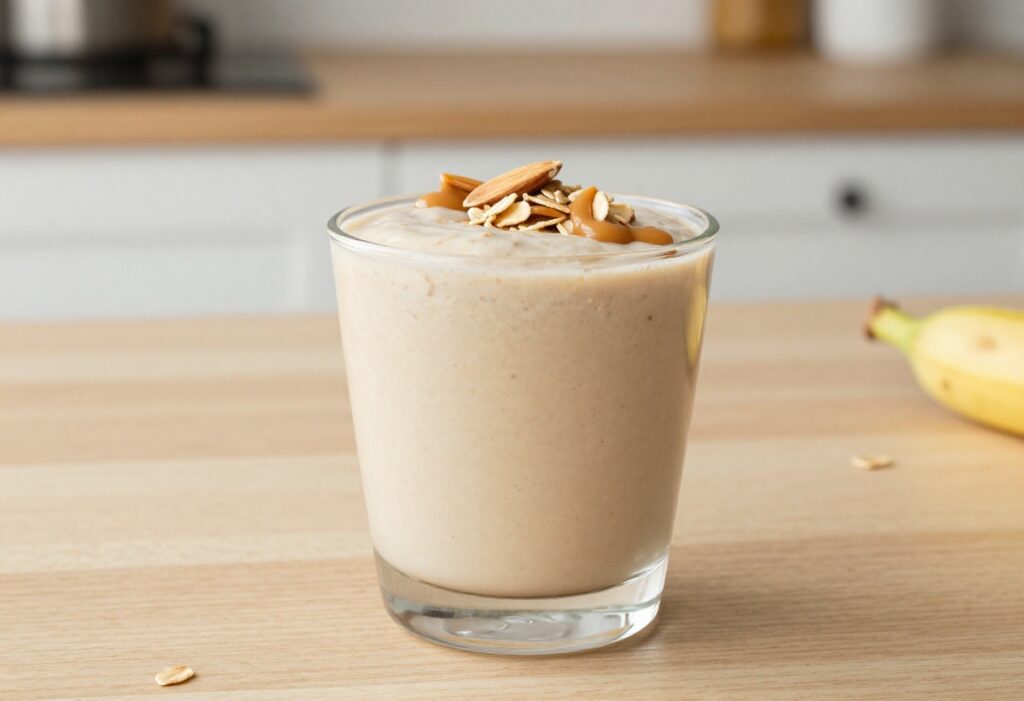 Creamy homemade protein smoothie without powder in a glass with oat and almond butter garnish