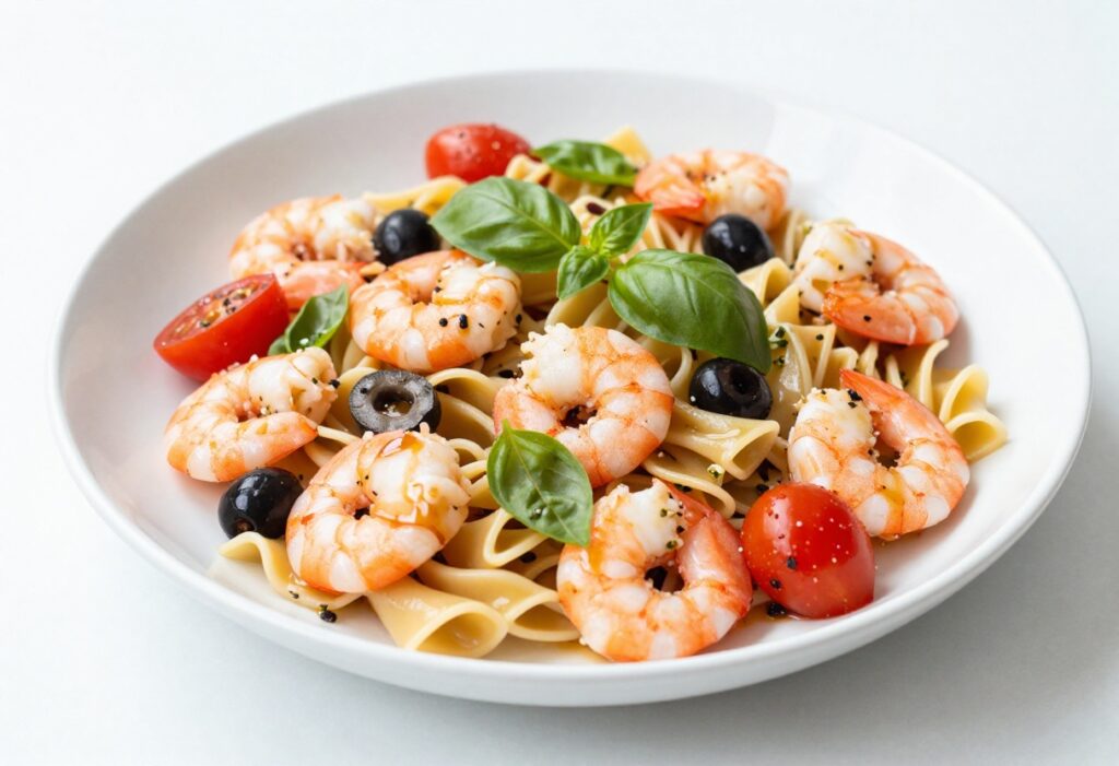 Cold shrimp pasta salad with Italian dressing on a white platter