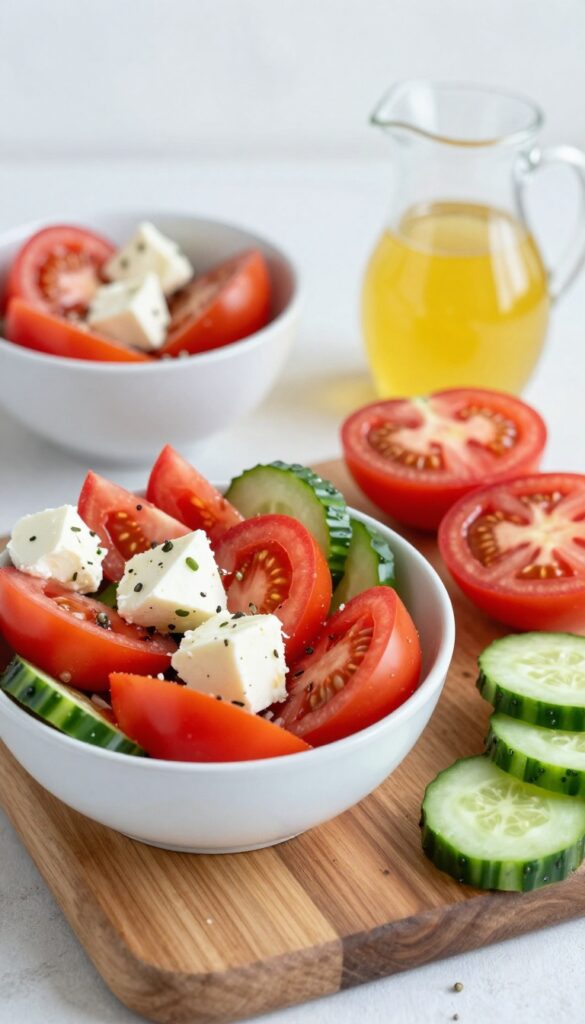 Mediterranean tomato and feta cucumber salad with extra ingredients on a cutting board