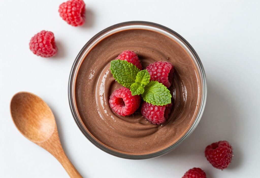 Chocolate avocado mousse in a glass bowl with raspberries and mint on marble surface