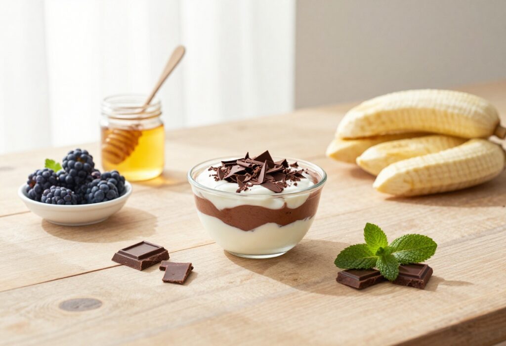 Flat lay of healthy desserts including Greek yogurt chocolate mousse with berries and honey on a wooden table