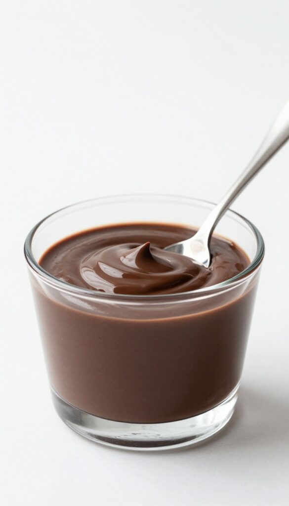 Creamy coconut milk chocolate pudding in a glass bowl, highlighting its smooth texture and rich appearance for a dessert recipe blog.