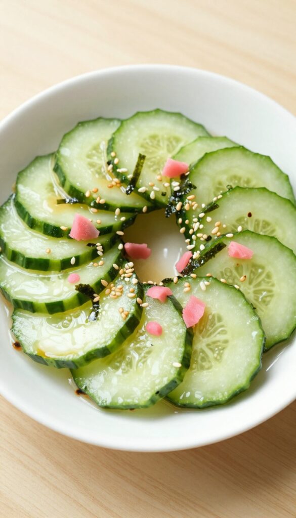 Tangy Miso & Sesame Cucumber Salad in a white bowl with nori strips and pickled ginger