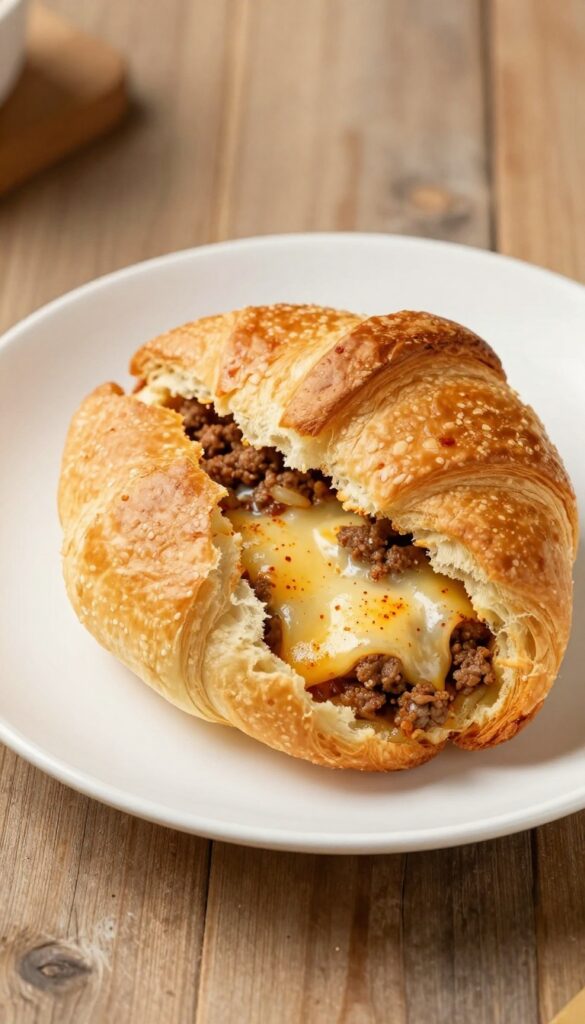 A close-up view of a beef and cheese crescent roll bundle, showcasing its crispy pastry exterior and rich, melted filling, ideal for a blog recipe section.