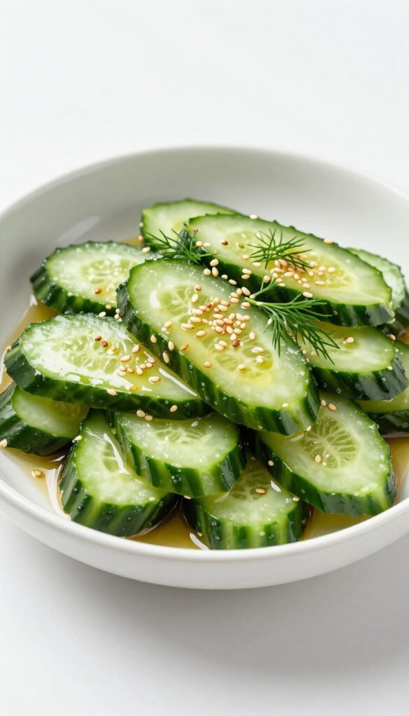 A close-up view of an Asian-inspired sesame cucumber salad with cucumbers, sesame seeds, and dill in a bowl, showcasing a nutty aroma and crisp texture under natural light.