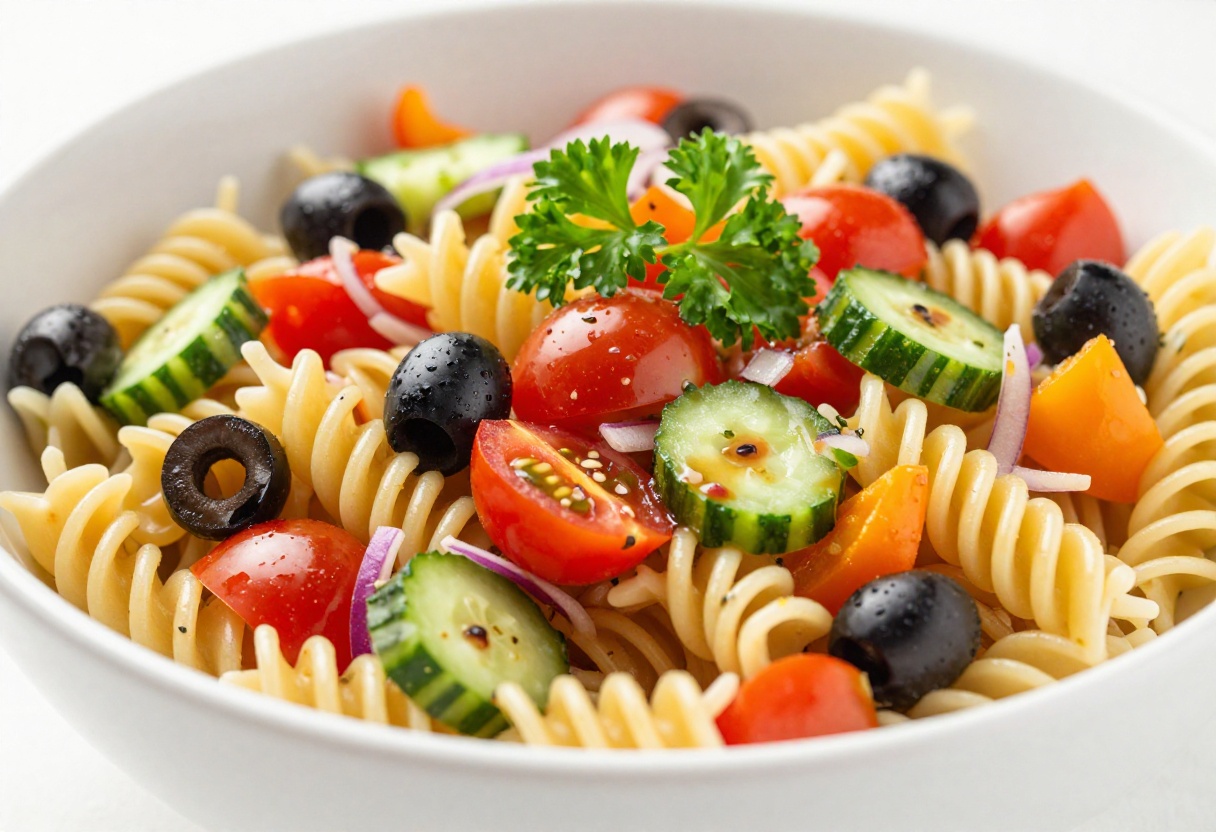 Tri-color pasta salad with Italian dressing and crisp veggies in a white bowl