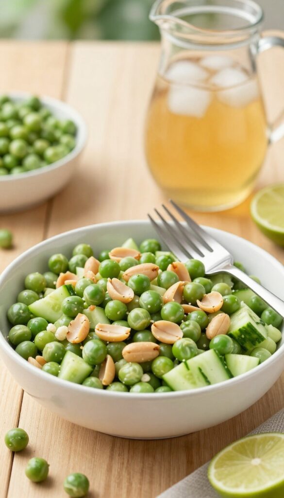 Crisp pea, peanut, and lime cucumber salad on a wooden table with summer setting.